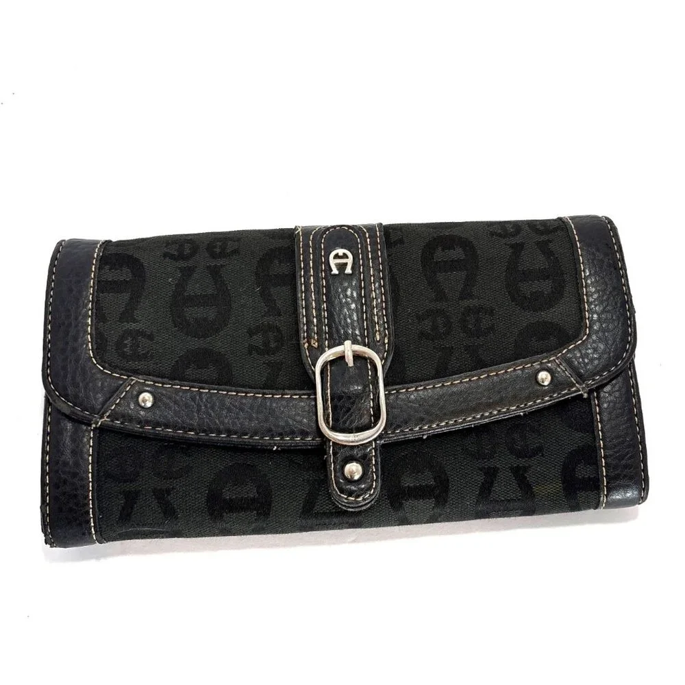 Black Etienne Aigner Monogram Canvas & Leather Wallet‎ Clutch Buckle Closure